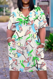 Casual Graphics Print Basic V Neck Short Sleeve Pockets Loose T-shirt Dresses