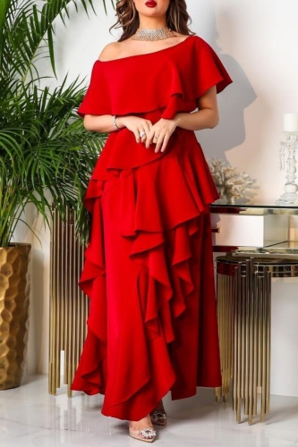 Sexy Oblique Collar Dropped Shoulder Irregular Ruffle Tiered Hem Front Slit Evening Formal Prom Maxi Dresses