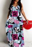 Sexy Graphics Print Backless Spaghetti Strap Floor Length Long Baggy Vacation Maxi Slip Dresses
