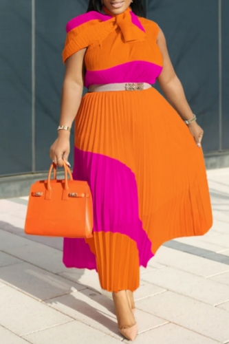 Casual Colorblock Print Cloak Sleeve Slit Irregular Tops And Pleated Maxi Skirt Vacation Two Pieces Dress Sets