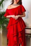 Sexy Oblique Collar Dropped Shoulder Irregular Ruffle Tiered Hem Front Slit Evening Formal Prom Maxi Dresses