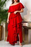 Sexy Oblique Collar Dropped Shoulder Irregular Ruffle Tiered Hem Front Slit Evening Formal Prom Maxi Dresses