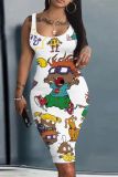 Casual Cartoon Print Basic U Neck Sleeveless Bodycon Midi Tank Dresses