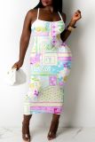 Sexy Graphics Print Backless Spaghetti Strap Sleeveless Vacation Bodycon Maxi Slip Dresses