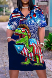 Casual Flag Star Print V Neck Short Sleeve Pockets Loose T-shirt Dresses
