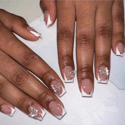 Casual Rhinestone Butterfly Press On Nails French Acrylic Nails Square Shape Very Cute Nails Short Square Stick On Nails