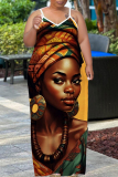 Sexy Figure Print Backless Spaghetti Strap Floor Length Long Plus Size Baggy Vacation Maxi Slip Dresses