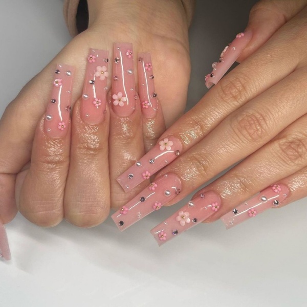 Casual Rhinestone Flowers Pearls Decor Long 3D Flower Fake Nails Square Bling Glossy Nail Paste