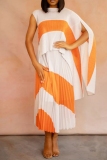 Casual Colorblock Print Cloak Sleeve Slit Irregular Tops And Pleated Maxi Skirt Vacation Two Pieces Dress Sets