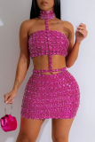 Sexy Rhinestone Decor Backless Sleeveless Halter Crop Tops And Mini Skirt Sets Formal Party Two Pieces Dress Sets