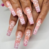 Casual Flowers Print Gradient Rhinestone Decor Press On Nails Square Shape French Style Fake Nails
