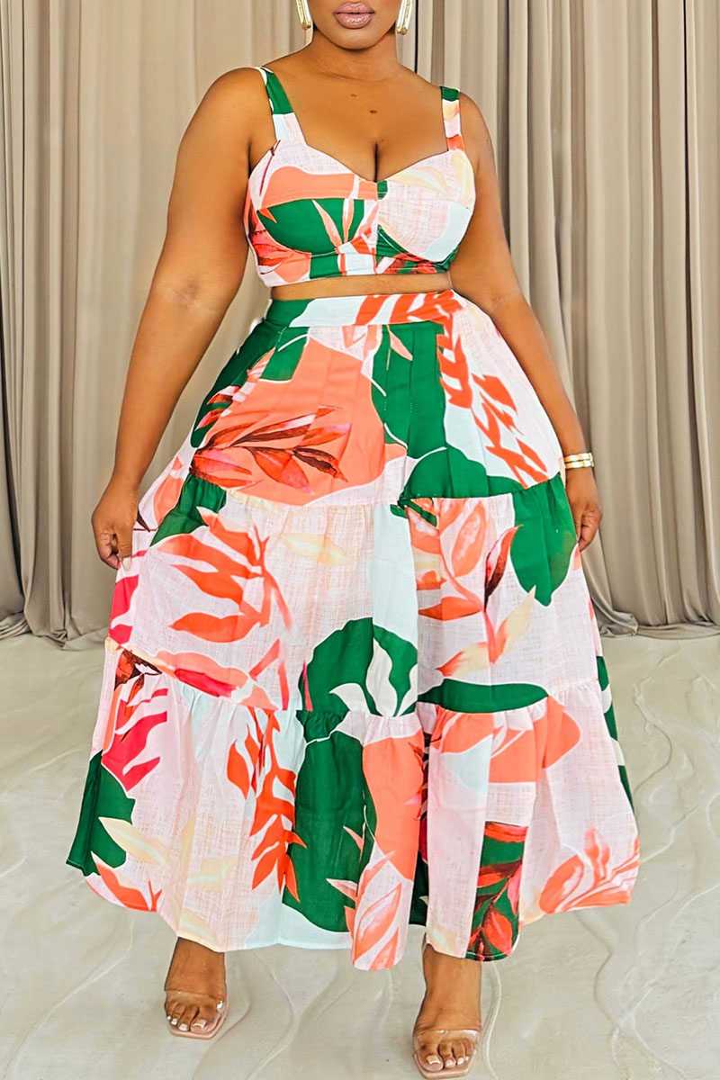 Strapless Crop Top with Sheer Printed Wrap Maxi Skirt Resort Set