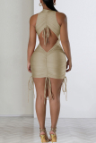Elegant Solid Bandage Patchwork Fold O Neck Sleeveless Dresses