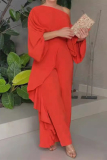 Casual Oblique Collar Lantern Sleeve Blouse Ruffle Trim Wide Leg Pants Formal Office Lady Two Pieces Trouser Sets