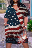 Casual Flag Star Print V Neck Short Sleeve Pockets Loose T-shirt Dresses