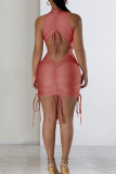 Elegant Solid Bandage Patchwork Fold O Neck Sleeveless Dresses