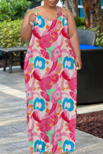 Sexy Graphics Print Backless Spaghetti Strap Floor Length Long Plus Size Baggy Vacation Maxi Slip Dresses