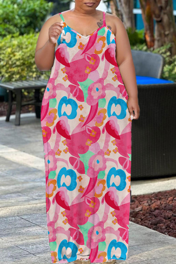 Sexy Graphics Print Backless Spaghetti Strap Floor Length Long Plus Size Baggy Vacation Maxi Slip Dresses