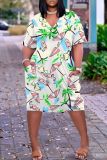 Casual Graphics Print Basic V Neck Short Sleeve Pockets Loose T-shirt Dresses