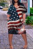 Casual Flag Star Print V Neck Short Sleeve Pockets Loose T-shirt Dresses