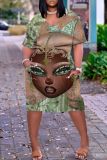 Casual Figure Print V Neck Short Sleeve Pockets Loose T-shirt Dresses