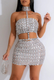 Sexy Rhinestone Decor Backless Sleeveless Halter Crop Tops And Mini Skirt Sets Formal Party Two Pieces Dress Sets