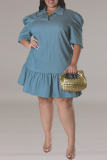 Casual Turndown Collar Half Sleeve Straight Ruffle Hem Plus Size Loose Pleated Denim Mini Dress