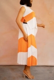 Casual Colorblock Print Cloak Sleeve Slit Irregular Tops And Pleated Maxi Skirt Vacation Two Pieces Dress Sets