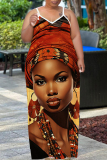 Sexy Figure Print Backless Spaghetti Strap Floor Length Long Plus Size Baggy Vacation Maxi Slip Dresses