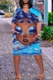 Casual Figure Print V Neck Short Sleeve Pockets Loose T-shirt Dresses