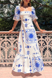 Floral Print Square Neck Slim Fit Casual Long Milkmaid Dress
