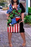 Casual Flag Star Print V Neck Short Sleeve Pockets Loose T-shirt Dresses