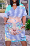 Casual Figure Print V Neck Short Sleeve Pockets Loose T-shirt Dresses