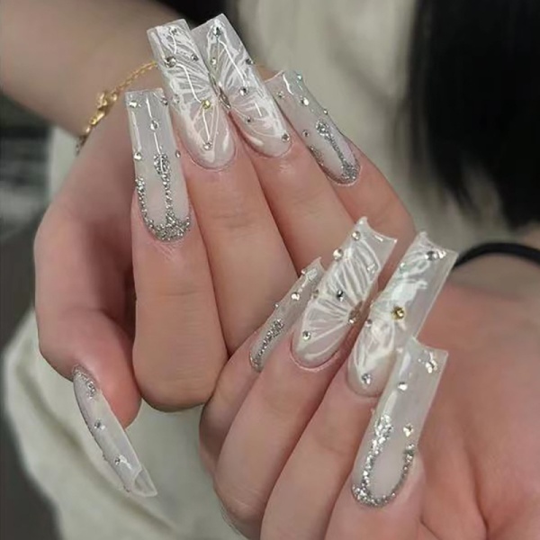 Casual Daily Butterfly Rhinestone Decor Long Press On Nails Square Shape French Style Glitter False Nails