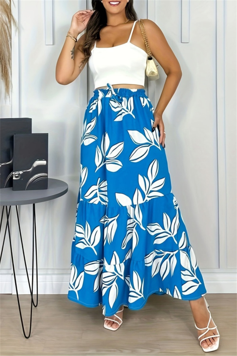 Elegant Classic Floral Print Ruffled Camisole Top And Maxi Skirt Set main image 1