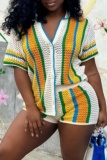 Casual Stripe V Neck Short Sleeve Crochet Blouse And Shorts Vacation Knit Short Set