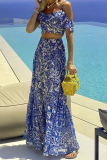 Casual Vacation Floral Print Short Sleeve Ruffle Trim Cami Crop Tops And Ruffle Tiered Hem Maxi Skirt Vacation Two Pieces Skirt Matching Sets