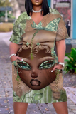 Casual Figure Print V Neck Short Sleeve Pockets Loose T-shirt Dresses