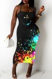 Sexy Graphics Print Backless Spaghetti Strap Sleeveless Bodycon Maxi Slip Dresses