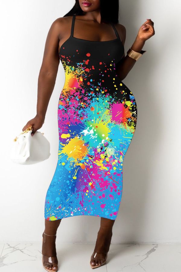 Sexy Graphics Print Backless Spaghetti Strap Sleeveless Bodycon Maxi Slip Dresses