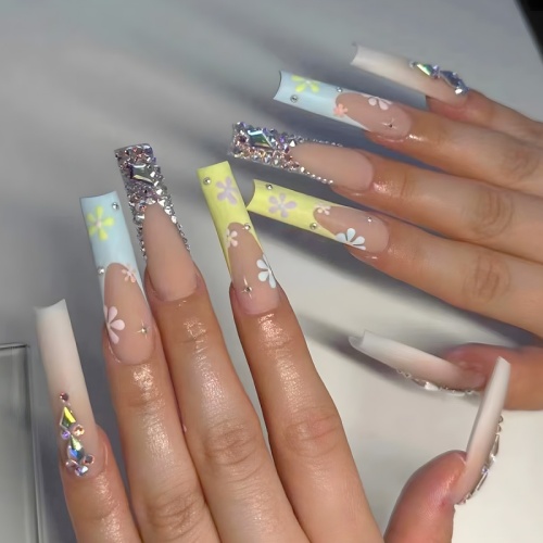 Casual Flowers Rhinestone Decor Long Square Shape French Style Fake Nails