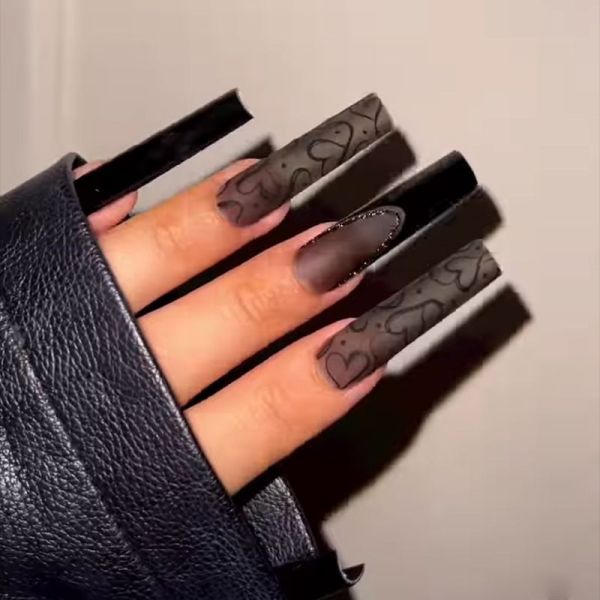 Casual Heart Shaped Long Square French Tip  Press On Nail Paste