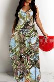 Sexy Graphics Print Backless Spaghetti Strap Floor Length Long Baggy Vacation Maxi Slip Dresses