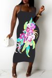 Sexy Graphics Print Backless Spaghetti Strap Sleeveless Bodycon Maxi Slip Dresses