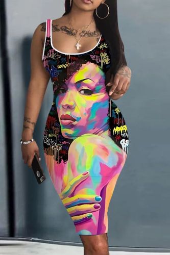 Casual Figure Print U Neck Sleeveless Vest Bodycon Midi Tank Dresses