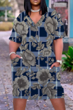 Casual Graphics Print Basic V Neck Short Sleeve Pockets Loose T-shirt Dresses