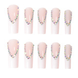 Casual Rhinestone Decor French Press on Nails Crystal Gem Design Nails Tips Acrylic Cute Fake Nails