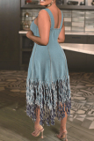 Street Backless Square Neck Fringed Hem Irregular Vacation Plus Size Denim Cami Maxi Dresses