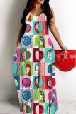 Sexy Graphics Print Backless Spaghetti Strap Floor Length Long Baggy Vacation Maxi Slip Dresses