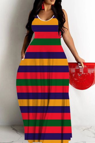 Sexy Graphics Print Backless Spaghetti Strap Floor Length Long Baggy Vacation Maxi Slip Dresses